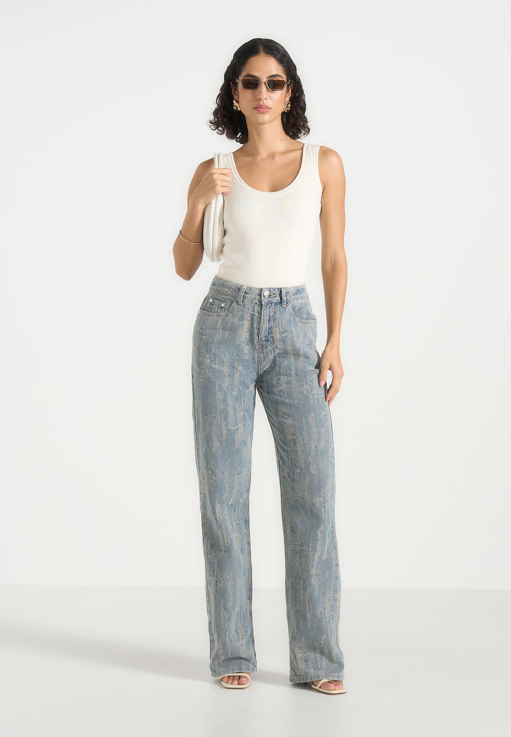 Posie distressed high rise straight leg jeans in mid blue